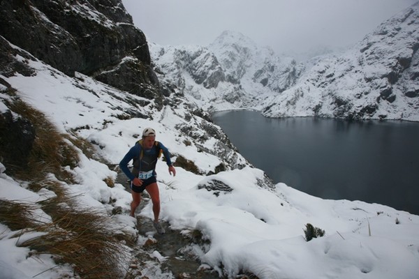 Adrian Bailey powers through snow to take second place overall.